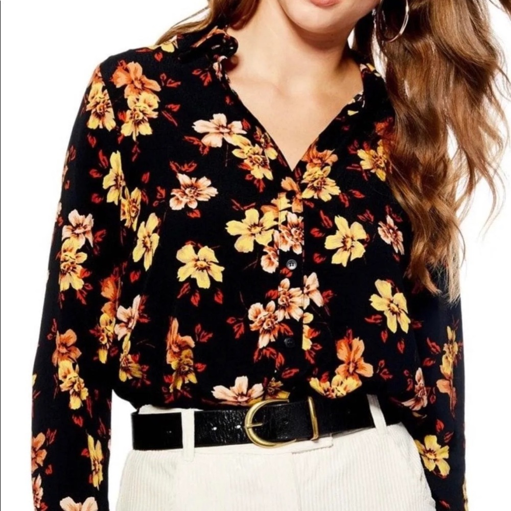 Topshop Black & Orange Floral Button Down Shirt 6